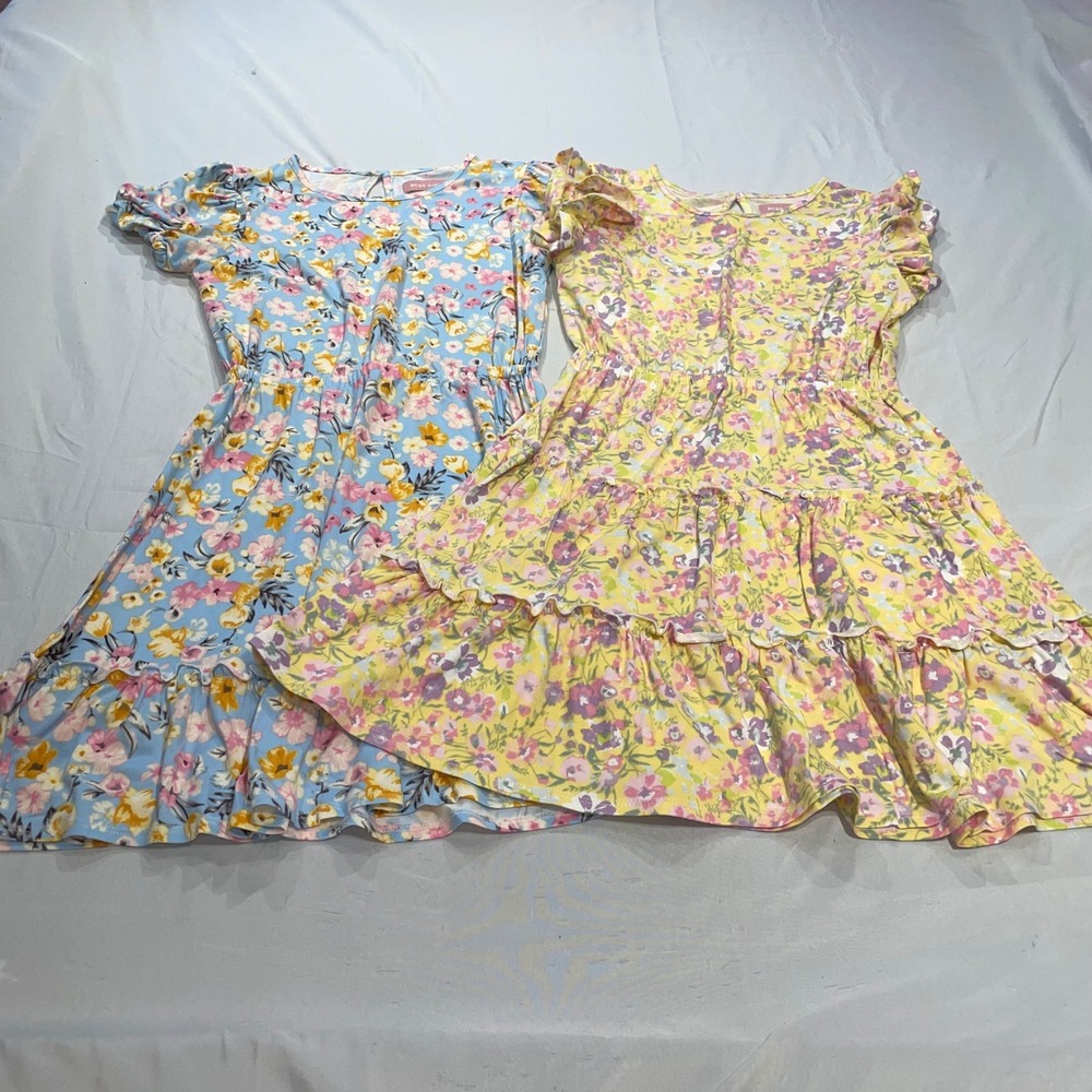 BCBG Girls 2 Pack Floral Knit Ruffle Hem Dresses Blue Yellow Size M 10/12